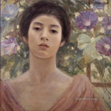 日本 Painting - 藤島武二 朝顔と女性の油絵